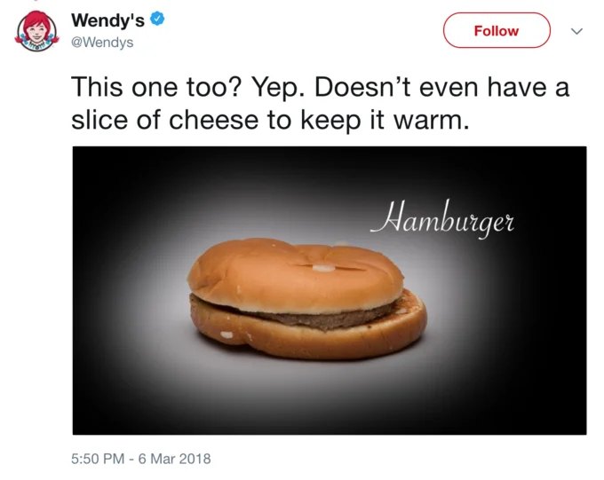 @Wendys — Wendy's tweet mocking plain McDonald's hamburger for lacking cheese