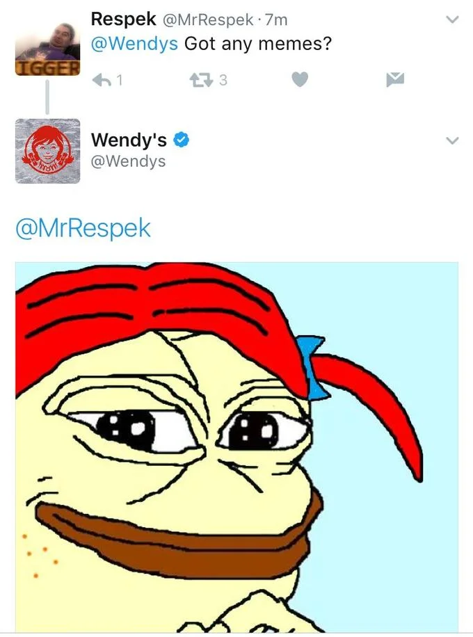@Wendys — Twitter screenshot of Wendy's responding with a Pepe meme drawn as the Wendy's mascot