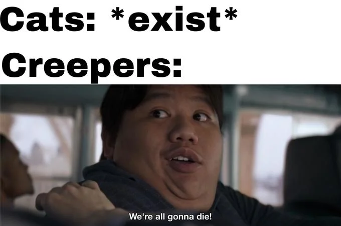 Meme with text 'Cats: *exist* Creepers:' above Ned Leeds image with caption 'We're all gonna die!'