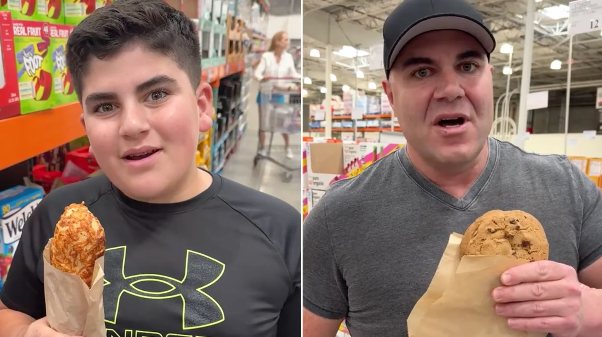 Were Costco Guys — Father and son holding Costco snacks in a warehouse store aisle