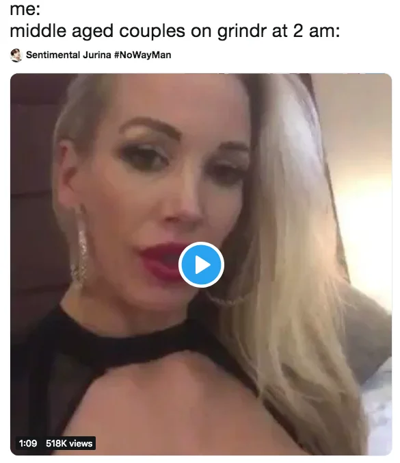 We're Fucking Cock Destroyers — Tweet joking about middle aged couples on Grindr using the viral video thumbnail.