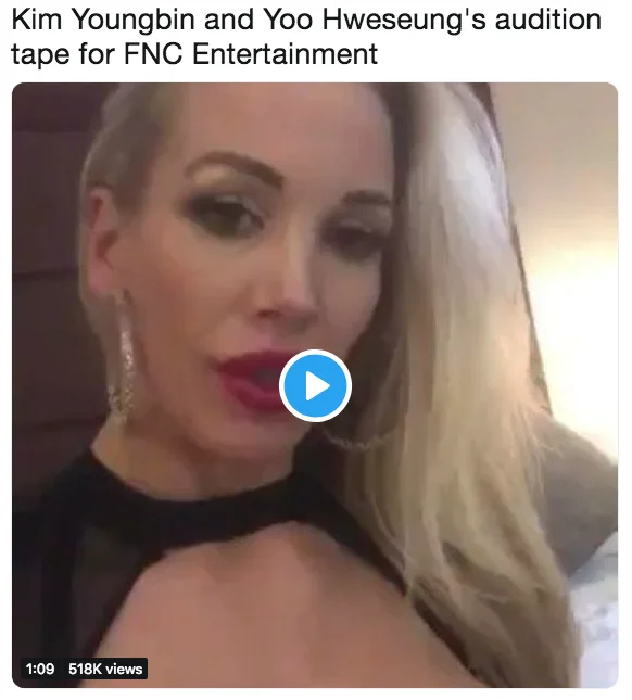We're Fucking Cock Destroyers — Tweet captioning video thumbnail as a K-pop audition tape for FNC Entertainment.