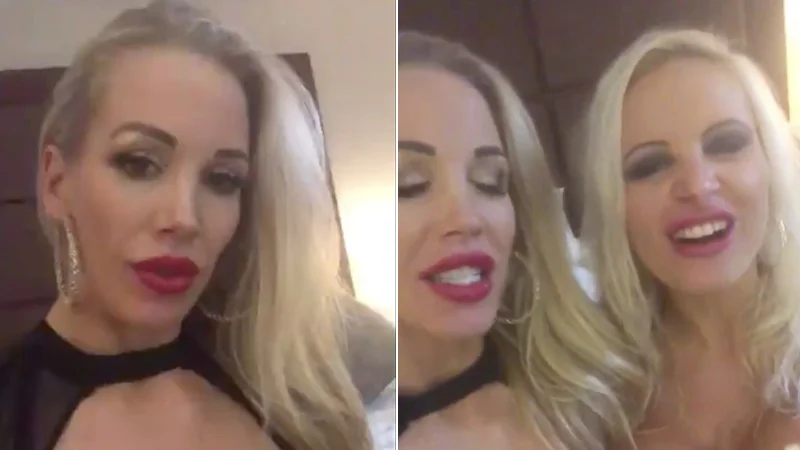 We're Fucking Cock Destroyers — Two blonde women with red lipstick in side-by-side screenshots from the original viral video.
