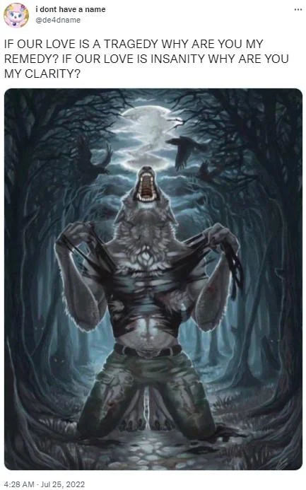 Werewolf Ripping Shirt — Tweet pairing the howling werewolf art with lyrics from the song Clarity by Zedd