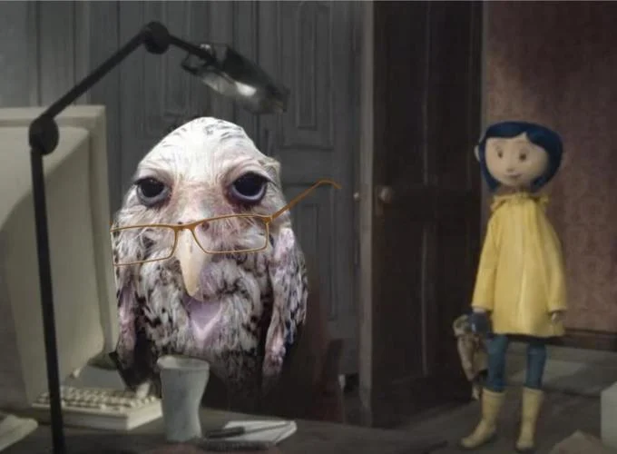 Coraline scene edited with the wet owl's head wearing glasses in place of a character at a desk