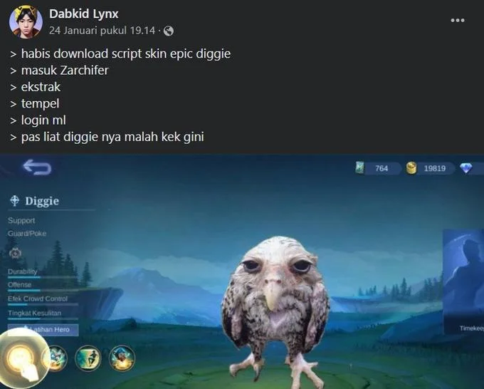 Facebook post in Indonesian showing the wet owl pasted onto a Mobile Legends Diggie hero screen