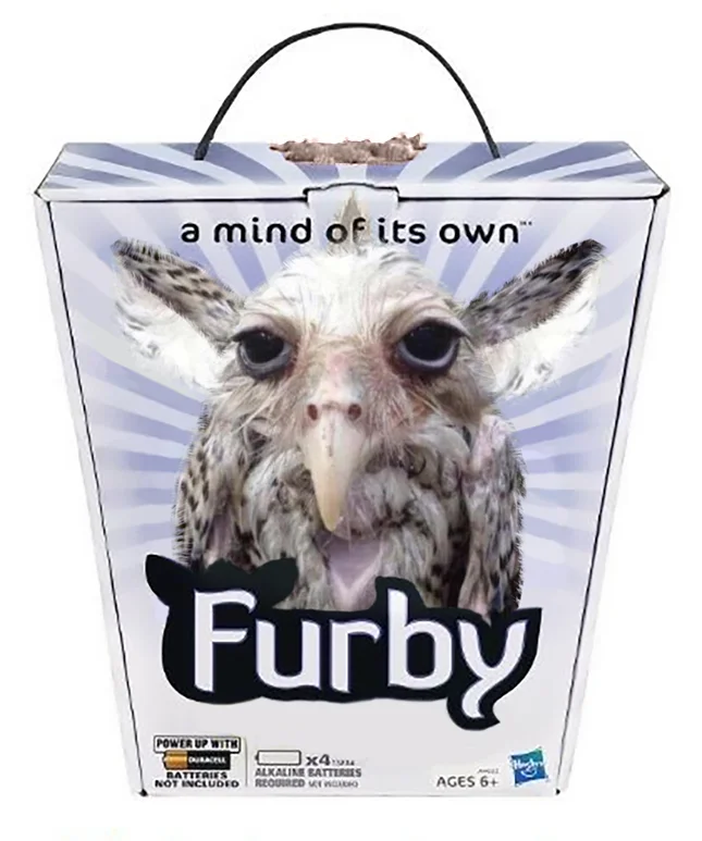 Mock Furby toy packaging with the wet owl's face in place of the Furby