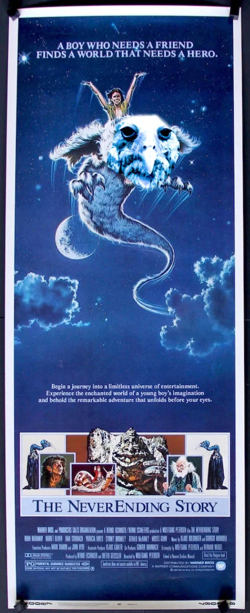 NeverEnding Story movie poster edit with wet owl's face swapped onto Falkor the luck dragon