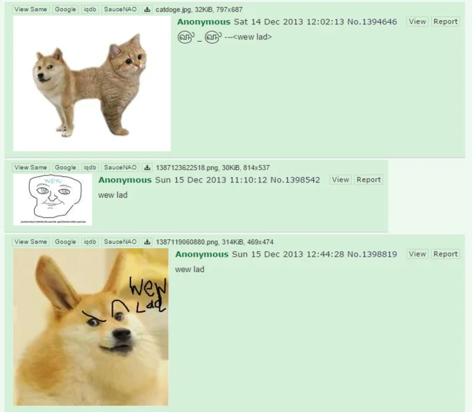 4chan thread screenshot showing multiple early 'wew lad' posts including catdoge and the Doge wew lad image.