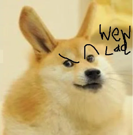 Shiba Inu dog with hand-drawn angry eyebrows and 'wew lad' text written in black above its head.