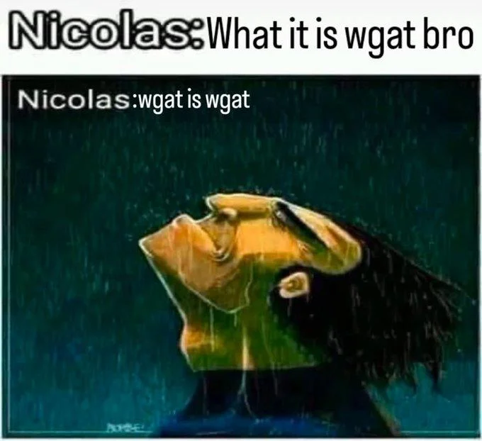 Wgat It Is Time Traveller What It Is — Yellow figure in rain painting meme with Nicolas wgat is wgat caption