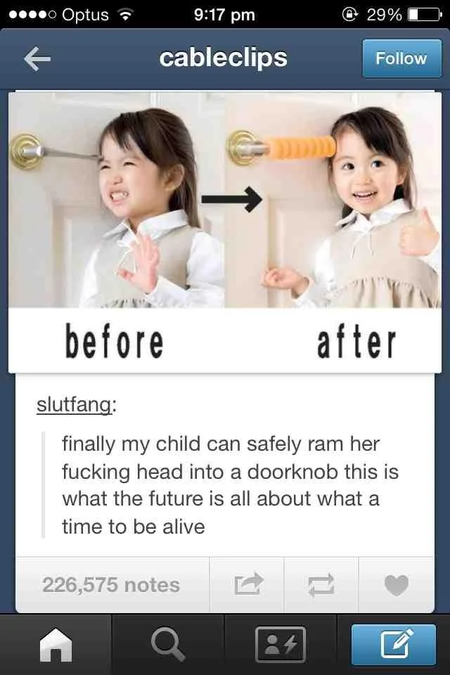 Tumblr screenshot of a before/after child-safety doorknob padding advert with the caption 'what a time to be alive'