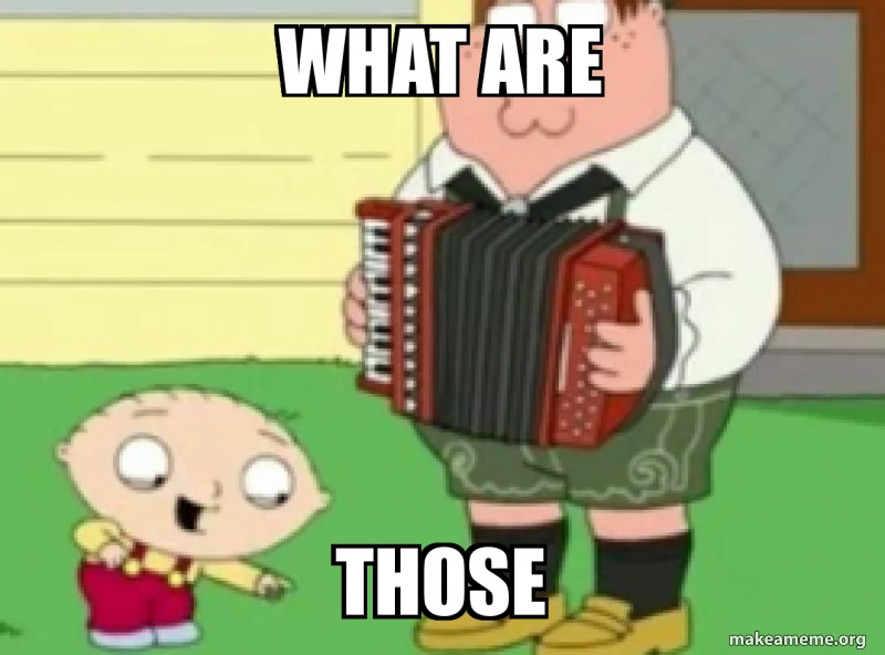 Family Guy 'What Are Those' meme with Stewie pointing at Peter Griffin's lederhosen shoes.
