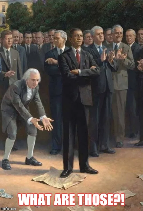 What Are Those — Presidents painting with founding father inspecting feet.