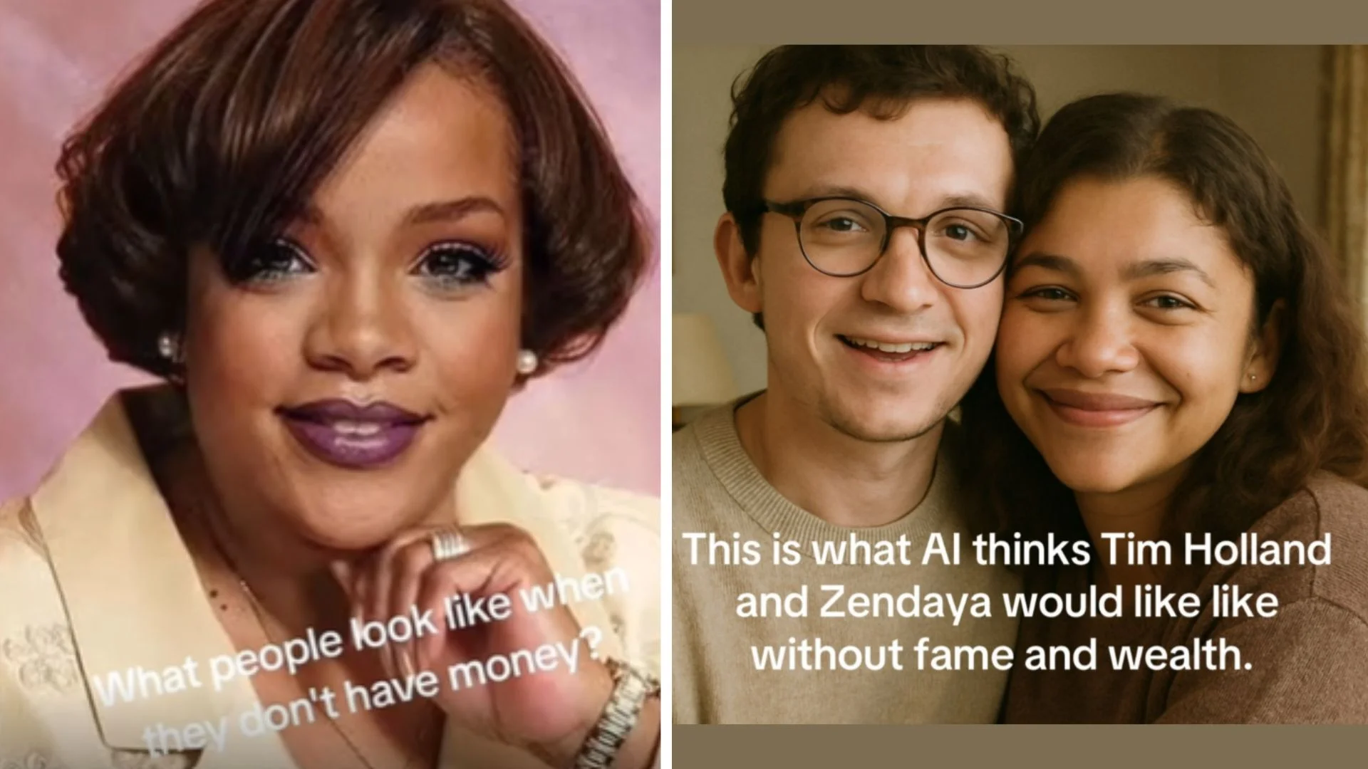 What Celebs Would Look Like Without Fame and Wealth Trend — Cover collage featuring AI-generated images of Rihanna, Tom Holland and Zendaya reimagined as
