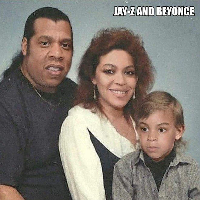 What Celebs Would Look Like Without Fame and Wealth Trend — Photo-manipulated family portrait labeled 'Jay-Z and Beyonce' showing them as an ordinary family