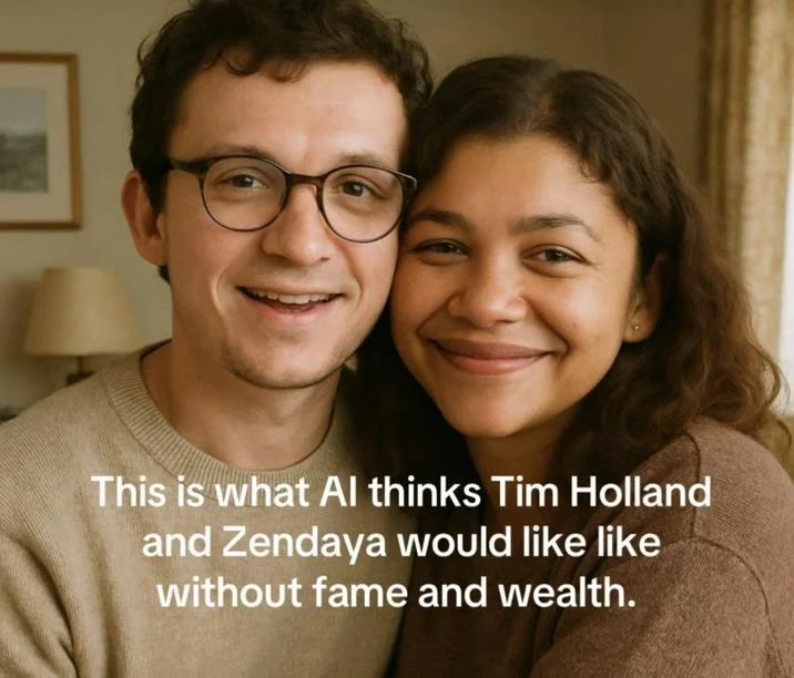What Celebs Would Look Like Without Fame and Wealth Trend — AI-generated image of Tom Holland and Zendaya depicted as an ordinary couple without fame or wealth.