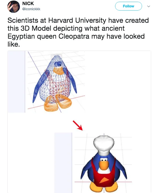 What Cleopatra May Have Looked Like — Parody tweet pairing the Cleopatra caption with Club Penguin models