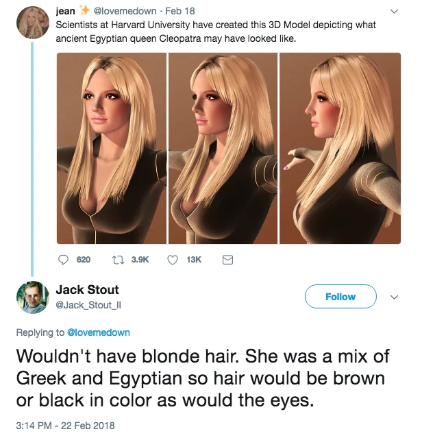 What Cleopatra May Have Looked Like — Twitter reply arguing Cleopatra would not have had blonde hair