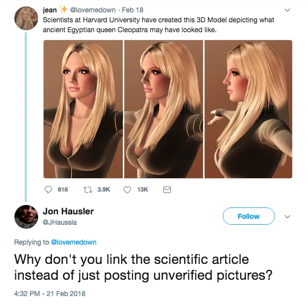 What Cleopatra May Have Looked Like — Twitter reply questioning the unverified Cleopatra 3D model post