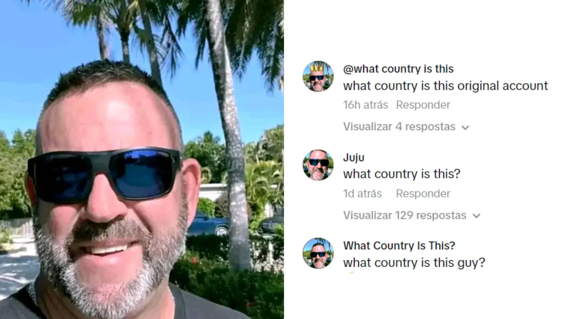 What Country Is This Peter Sutherland Creepypasta — Peter Sutherland smiling in sunglasses beside TikTok comments asking 'what country is this'