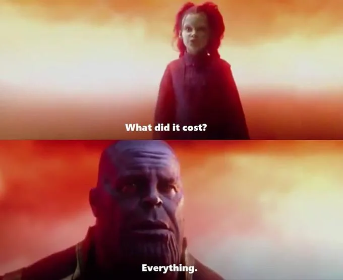 What Did It Cost? Everything — Two-panel scene of young Gamora asking 'What did it cost?' and Thanos replying 'Everything.'