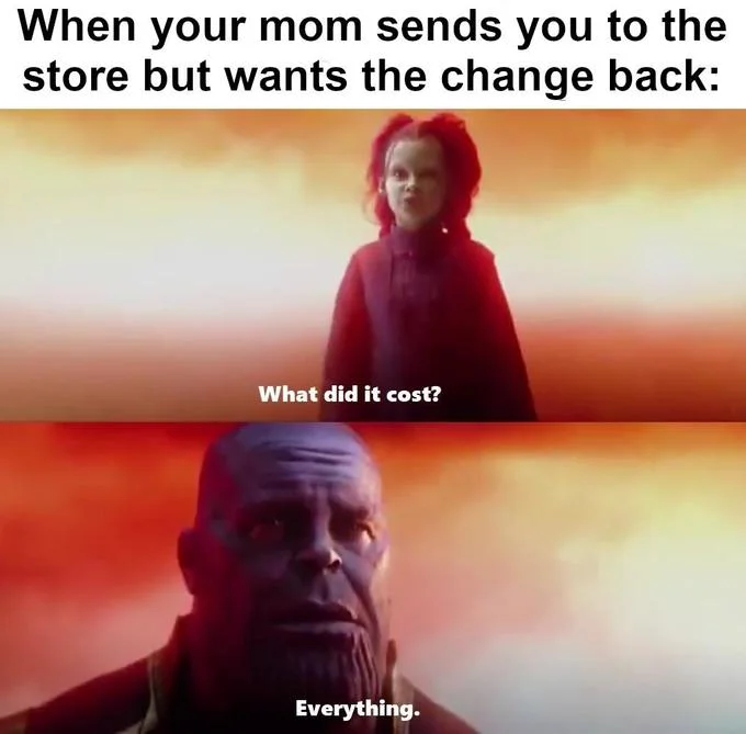What Did It Cost? Everything — Two-panel Thanos meme with top caption about mom wanting the change back from the store