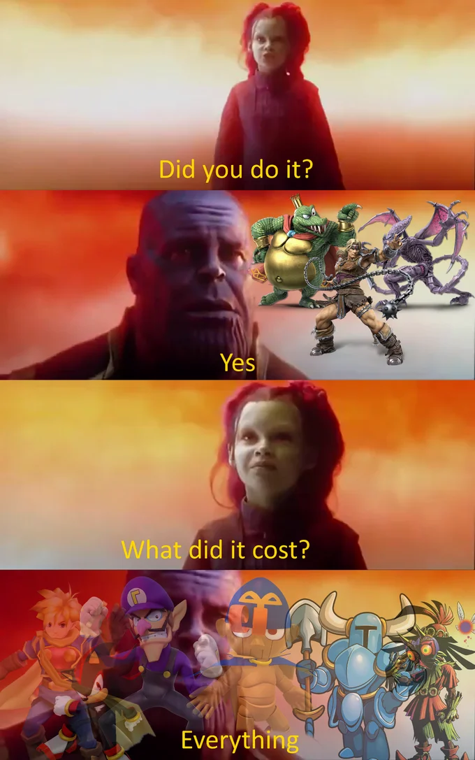 What Did It Cost? Everything — Four-panel Thanos meme featuring Smash Bros villains and heroes