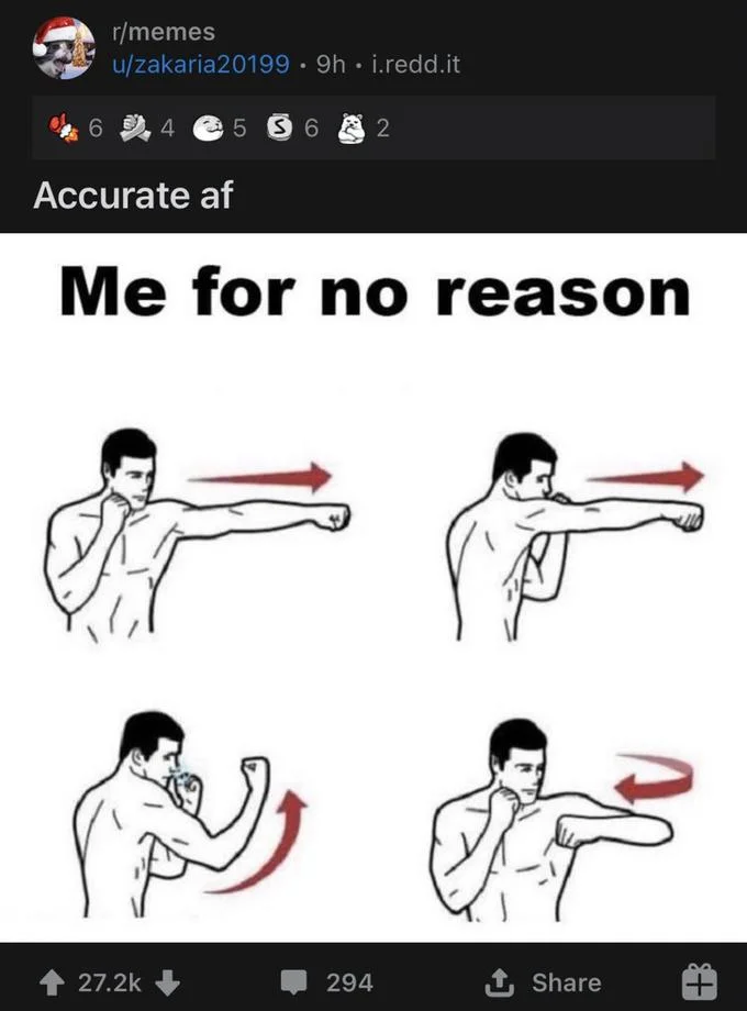 What Do You Mean You Don't Like X? — Reddit screenshot of boxing combo meme captioned 'Me for no reason'