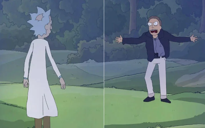 What Happened Rick I Thought You Werent The Good Guy Anymore — Animated Rick and Morty style side-by-side parody of the Walking Dead confrontation scene