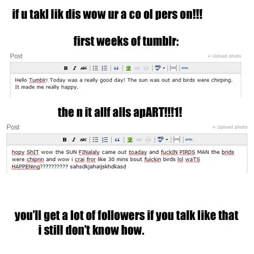 What I Know About — Tumblr meme comparing early polite posting versus later chaotic typing styles