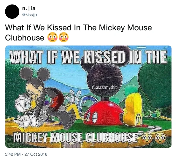 What If We Kissed In — Mickey Mouse Clubhouse location with kiss text.