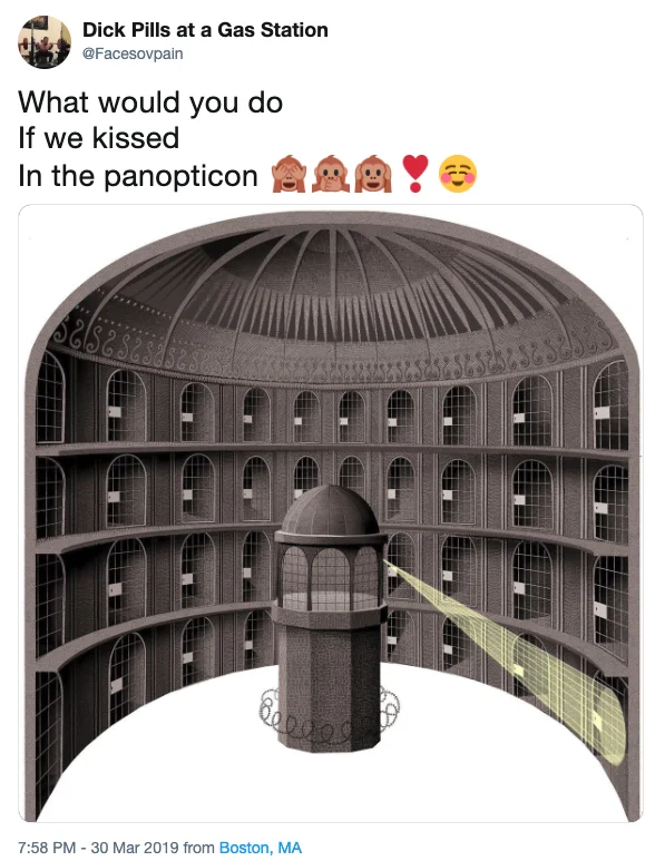 What If We Kissed In — Panopticon building with kiss and emoji text.