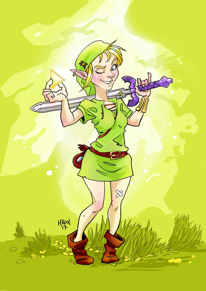 What If Zelda Was A Girl? — Cartoon fan art of a winking female Link holding the Master Sword in a field