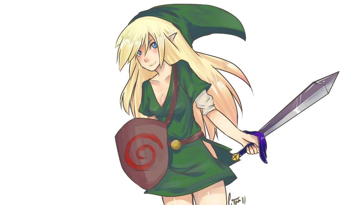 What If Zelda Was A Girl? — Anime-style gender-swapped Link with long blonde hair, green tunic, sword, and Hylian shield