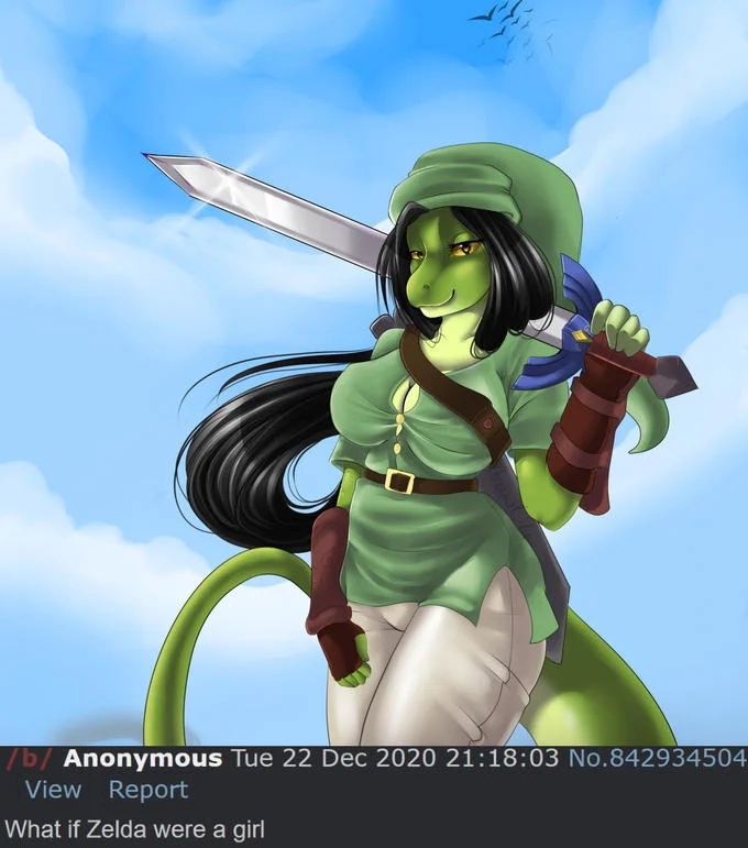 What If Zelda Was A Girl? — 4chan /b/ post with 'What if Zelda were a girl' and fan art of a lizard-like female Link