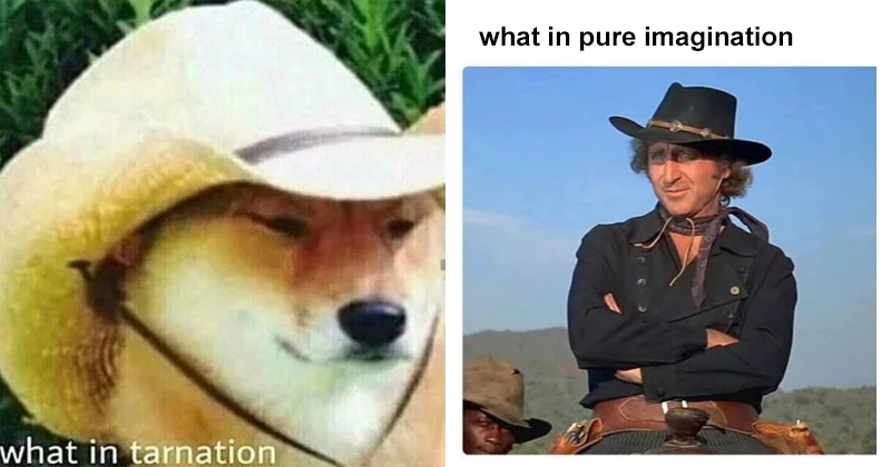 What in Tarnation — A composite image pairing the Shiba Inu with a man in western wear captioned 'what in pure imagination.'