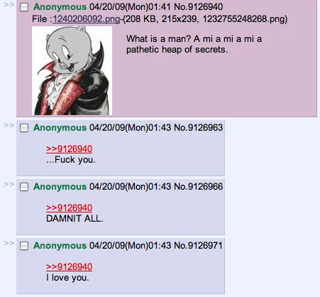 Die Monster — 4chan thread screenshot with a stuttering Porky Pig vampire posting a mangled version of the Dracula quote.