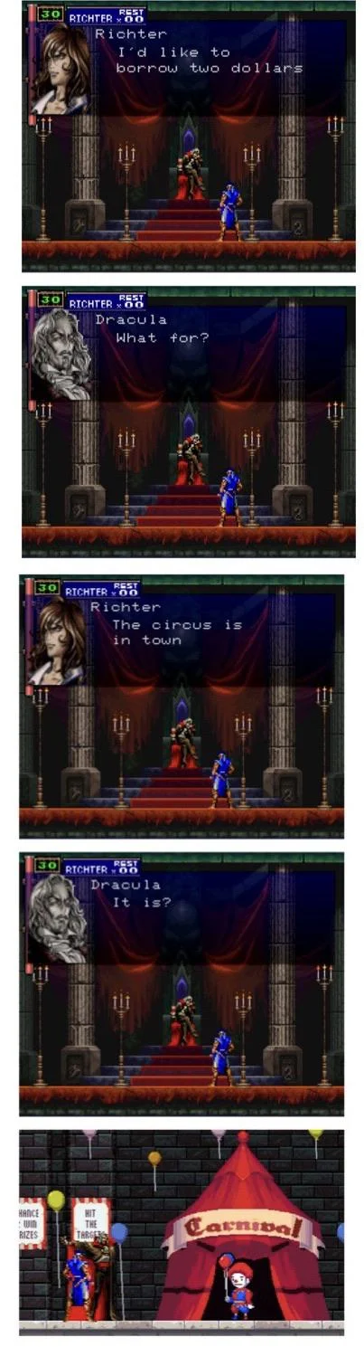 Die Monster — Multi-panel Castlevania parody where Richter asks Dracula to borrow two dollars for the circus.