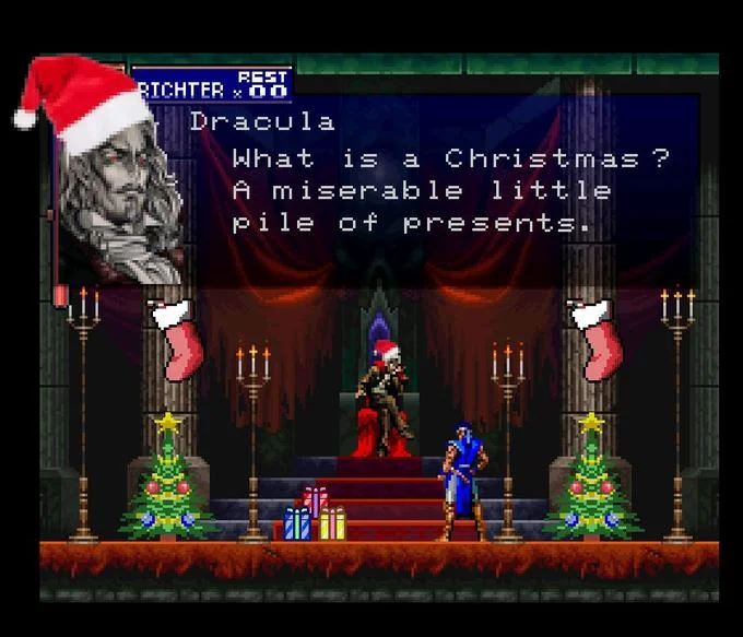 Die Monster — Castlevania Dracula scene edited with Christmas decorations and the line 'What is a Christmas? A miserable little pile of presents.'