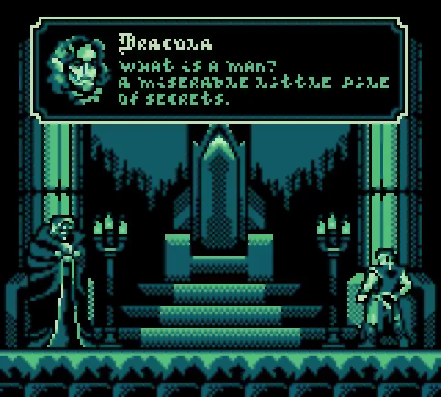 Die Monster — Game Boy style 8-bit demake of Castlevania SOTN Dracula scene with the quote 'What is a man? A miserable little pile of secrets.'