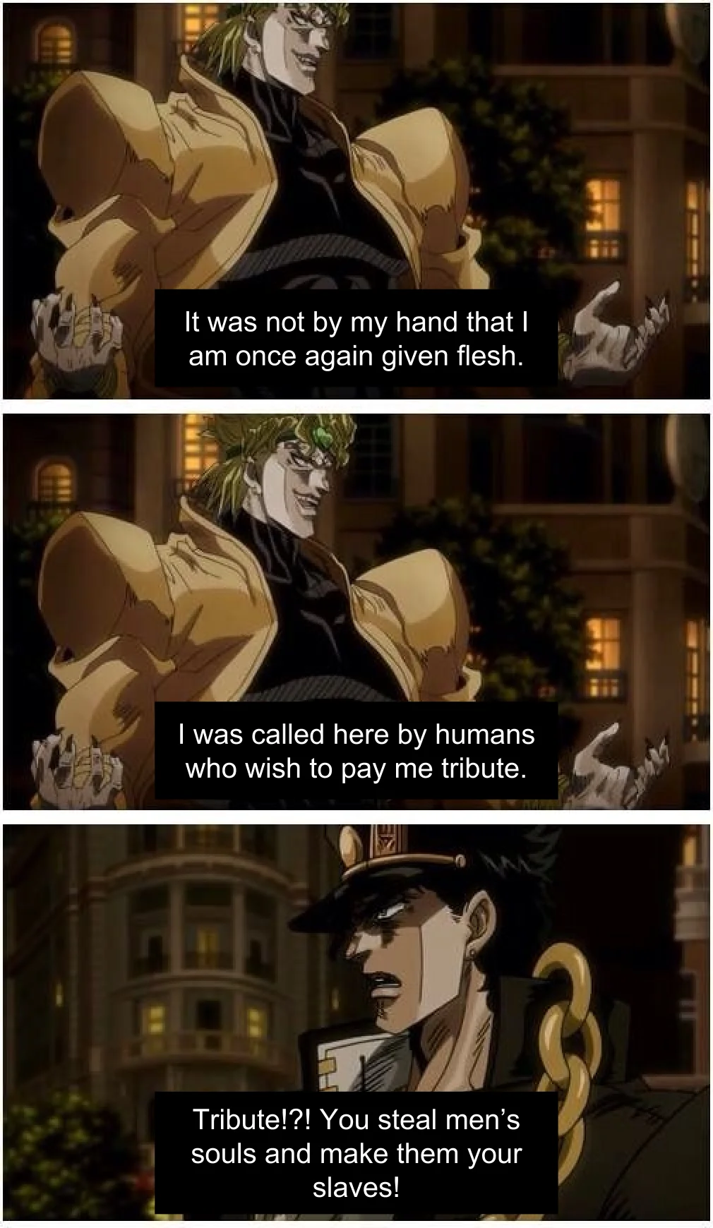 Die Monster — JoJo's Bizarre Adventure anime screenshots where DIO quotes Dracula's Symphony of the Night opening monologue.