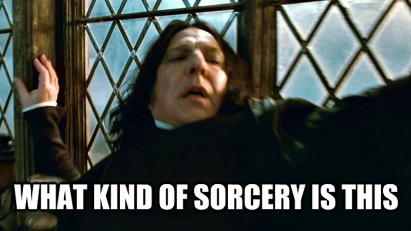 What Kind of Sorcery Is This? — Professor Snape pressed against a window with caption 'WHAT KIND OF SORCERY IS THIS'