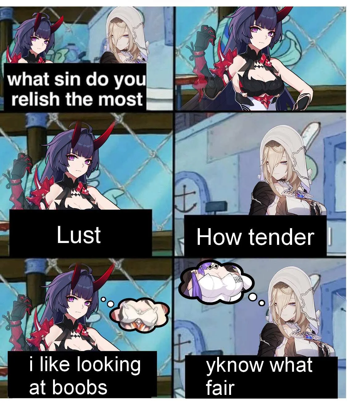 What Sin Do You Relish the Most — Anime character six-panel version of the meme about the sin of lust with thought bubbles.