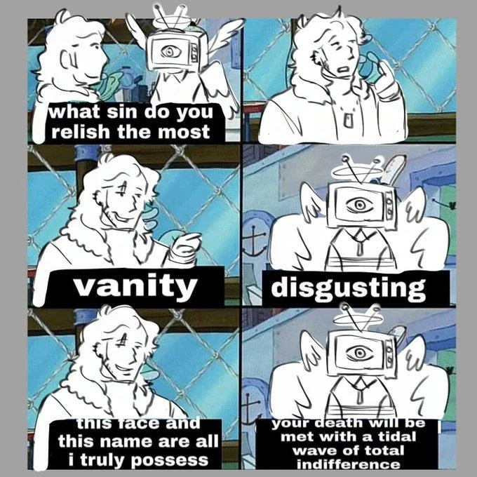 What Sin Do You Relish the Most — Hand-drawn sketch redraw of the vanity meme with angelic and TV-headed figures replacing SpongeBob characters.
