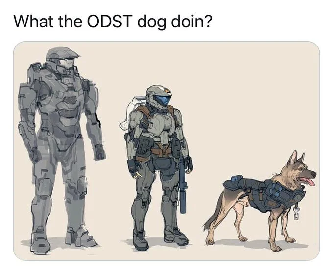 What The Dog Doin — Halo-inspired artwork featuring armored ODST soldiers with a tactical dog using the meme's catchphrase.