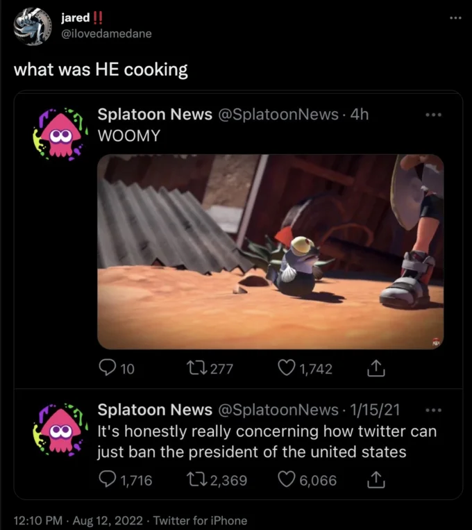 Tweet reading 'what was HE cooking' quote-tweeting a Splatoon News post