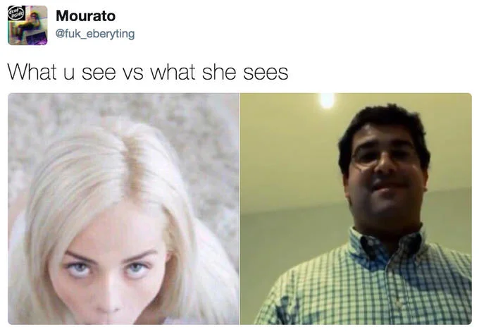 What You See vs. What She Sees — Tweet with blonde woman and man in checkered shirt and glasses.
