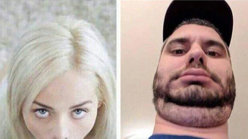 What You See vs. What She Sees — Side-by-side of a blonde woman looking up and a bearded man in a backwards cap.