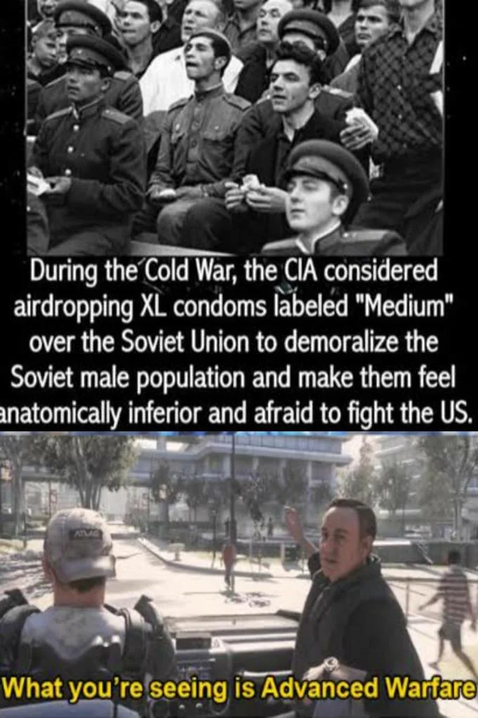 What Youre Seeing Is Advanced Warfare — Two-part meme featuring Cold War historical photography and CIA operations text paired with the game scene.